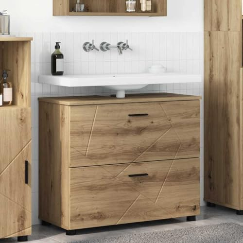 Festnight Mueble Bajo Lavabo, Armario de Baño, 2 Cajónes, Mueble para Debajo del Lavabo, Armario de Baño de Suelo, 76.5 x 35 x 64 cm, Roble Artisan