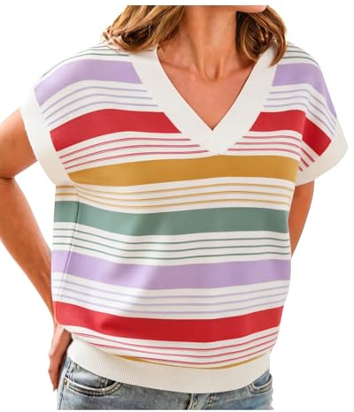 IEEILULU Pull à Manches Courtes pour Femme, Col en V, Rayé, Couleur Unie, Ample, Tendance, Multicolore, S