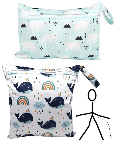 HUVZOR 2 piezas Bolsa de Pañales, Ropa Seca y Húmeda Organizador de Pañales, Wetbag Lavable Neceser para Viaje Playa Deporte Guardería Merienda (Ballena+Dinosaurio)