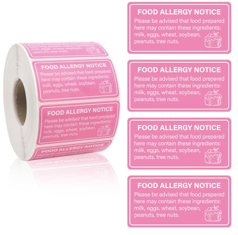 1000pcs Food Allergy Stickers 2x1in Waterproof Food Allergen Warning Label Pink Self-Adhesive Roll up Food Allergy Alert Safety Sticker for Restaurant Cake Shop Party Cookie Bakery Businesses Kitchen