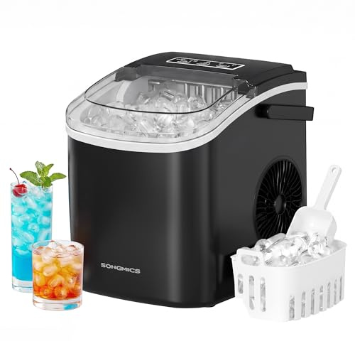 SONGMICS Máquina de Hielo, Máquina de Cubitos Autolimpiante, 9 Cubitos en 6 Minutos en 2 Tamaños, 12 kg en 24 Horas, Portátil, Casa, Cocina, Oficina, Fiestas Camping, Negro Tinta XZB001B1EU