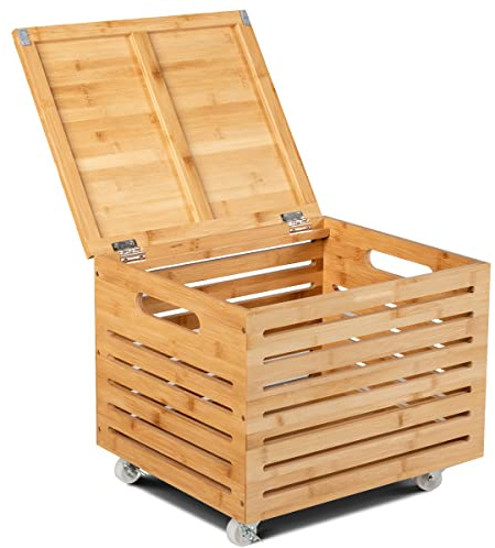 COSTWAY Caja de Almacenamiento Bambú con Ruedas Bloqueables, Baúl de Almacenamiento con Tapa, Organizador de Archivos para Documentos Tamaño Carta, Juguetes, Mantas, Almohadas