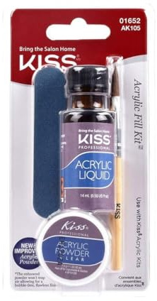 KISS Acrylic Nail Kit, 'Acrylic Fill Kit', includes 3g nail glue, 10mL Primer, 14mL Liquid, 9g Acrylic Powder, 20 Natural Nail Tips, Nail Forms, 1 Brush, 1 Nail File, 1 Buff Block, 1 Manicure Stick