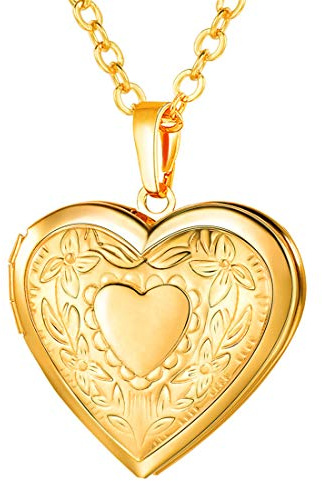 U7 Women 14K Gold Plated Heart Photo Locket Pendant Necklace, 22 Chain