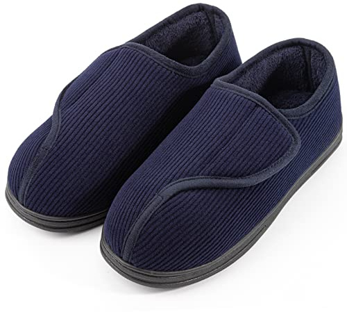 LongBay Men's Memory Foam Diabetic Slippers Comfy Warm Plush Fleece Arthritis Edema Swollen House Shoes Navy Blue, 9 UK
