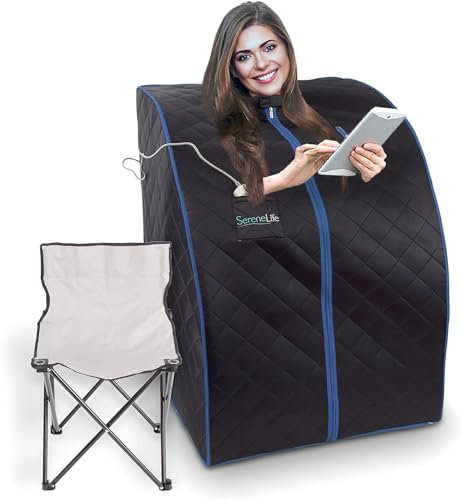 SereneLife Sauna, Sauna Portable/Infrarouge, Vapeur, Spa Maison, Perdre du Poids, Détox, Tente Chauffante Mobile, Pliable Cabine avec Coussin Chauffant pour Les Pieds et Chaise Pliante