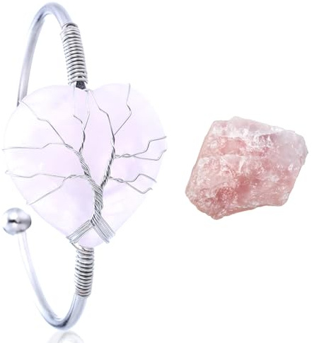 HALUKAKAH Bracciale in Cristallo di Pietra Naturale - LUNA AMORE - Filo Avvolgente Albero della Vita Placcato in Platino Fatto a Mano,Ciondolo in Forma di Cuore in Quarzo Rosa Misura Regolabile