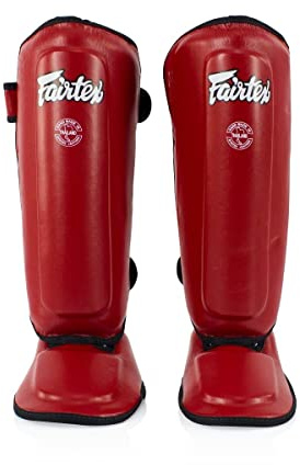 Fairtex SPK9 Youth Shin Guards PU Leather, Multi-Layered Foam Padding | Perfect for Muay Thai, Kickboxing, and Martial Arts. Ergonomic Fit with Hook and Loop Straps (Red-10-12yrs)
