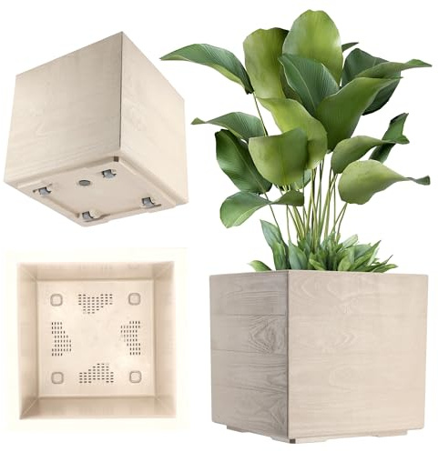 KADAX Pflanzkübel auf Rollen, 39 x 40 cm, großer Blumenkübel aus Kunststoff in Holzoptik, quadratischer Pflanztopf für Innen- und Außenbereich, Übertopf (Creme)