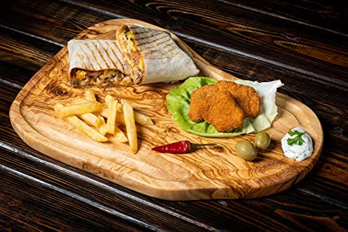 DARIDO Rustikales Olivenholz-Schneidebrett mit Saftrille - Handgefertigt - ca. 18 x 35 (+-3 cm) - Servierbrett - Frühstücksbrett - Charcuteriebrett - Käsebrett - Küchenschneidebrett