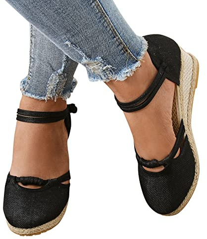Sandales d'été pour femme - Boucle Espadrille - Plateforme - Sandales compensées - Mode polyvalente - En lin tressé - Chaussures respirantes - Bout rond fermé - Sandales de loisirs, Noir , 39 EU