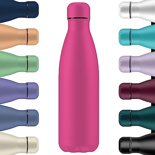 Mi Ko Mi Ka Botella de Agua Térmica de Acero Inoxidable Reutilizable | Sin BPA | Mantiene 24H Frio / 12H Calor | Hermética - Doble Pared a Prueba de Fugas (Rosa Oscuro, 500ml)