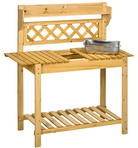 Outsunny Pflanztisch, Arbeitstisch mit ausziehbarer Tischplatte, 2 Ablagefächern, Gärtnertisch mit integriertem Edelstahl-Spülbecken, Blumentisch aus Massivholz, 92 x 45 x 120 cm, Braun