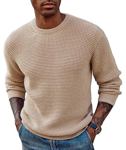 PJ PAUL JONES Mens Crewneck Sweaters Slim Fit Pullover Sweater Midweight Knitwear Khaki L