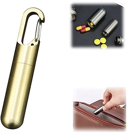 IMOCKA Stainless Steel Pill Box, Metal Pill Box Organizer, Keychain Pill Holder Container, Pill Holders, Medicine Case for Traveling (Gold)