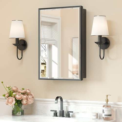 Keonjinn 16 x 24 Black Medicine Cabinets for Bathroom with Mirror Recessed or Surface Wall-Mounted Aluminum Alloy Framed Beveled Mirror, Single Door Metal Bathroom Vanity Mirror with Storage Cabinet