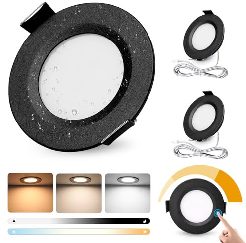 GeyouLux LED Einbaustrahler 12V Dimmbar Touch-Control, 3000K-4000K-6000K LED Spot 12V,IP44 Einbauleuchten, 3W Einbauspots 58-62mm für Wohnmobil Wohnwagen Kleiderschrank, Schwarz 3er Set