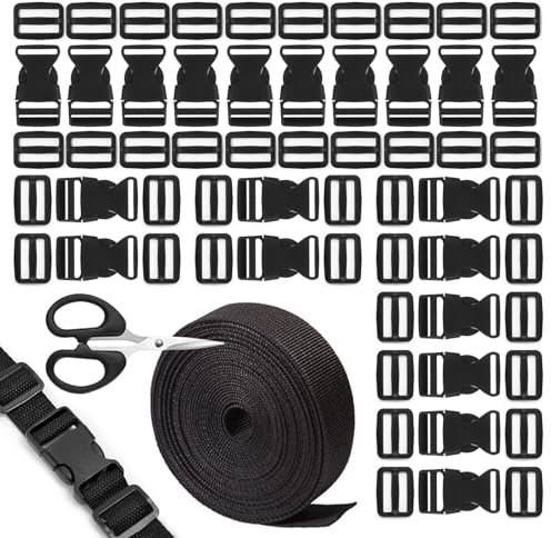 Nylon Webbing Strap, 25mmx10m Backpack Chest Strap, Nylon Heavy Webbing Straps 20 Sets Flat Side Release Buckles and Tri-Glide Slides for DIY Bags Backpack Cargo Strapping