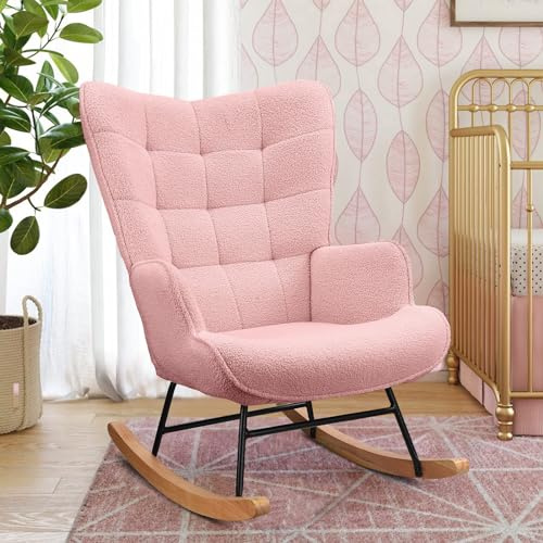 AONYAYBM Sedia a dondolo Sedia a dondolo scandinavo, Allattamento Poltrona, Scandinavo, Sedia per Tempo libero e Riposo in Tessuto con Piedi in Legno Metallo per Soggiorno, Camera da Letto (Rosa)