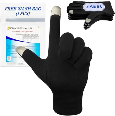 Migliore Wear 5 Pairs Cotton Gloves for Eczema,Touchscreen Black Cotton Gloves, Moisturising Gloves for Dry Hands, Hand Care, Jewelry Inspection, Eczema Gloves for Adults with 1 Free Wash Bag