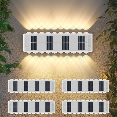 YUNYODA 4Pack Solar Wall Lights Outdoor, Upgraded 20 LED Solar Fence Lights Outdoor Waterproof LED Up and Down Wall Light, 3000K Warm White Garden Wall Lights for Porch Patio Garage Fence Yard