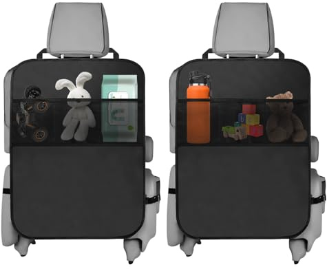 Encuryna Lot de 2 protections de dossier de siège de voiture pour enfants - Organiseur pour ranger les affaires des enfants - Protection de siège auto - Noir