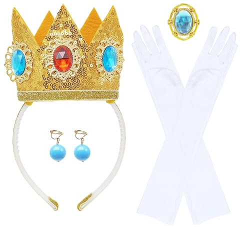 SAIIURV 4 Pièces Princesse Peach Accessoires de Costume, Princesse Deguisement Accessoires Couronne/Boucles D'oreilles/Gants/Broche, pour Fête D'anniversaire Carnaval Cosplay Habillée (Multicolore)