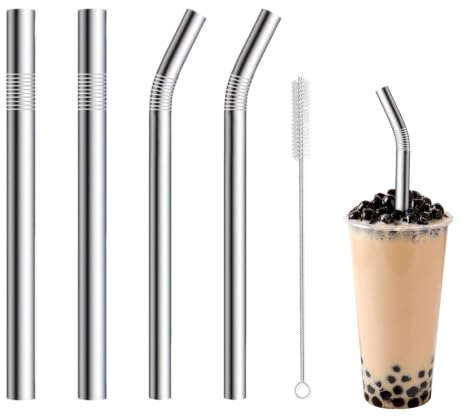 4-Pack Stainless Steel Straws, 12mm&8mm Extra Wide Reusable Metal Smoothie/Milkshake Straw, Extra Long Straight & Bent Drinking Straws with Brush for Boba, Thick Beverages, Cold Drinks