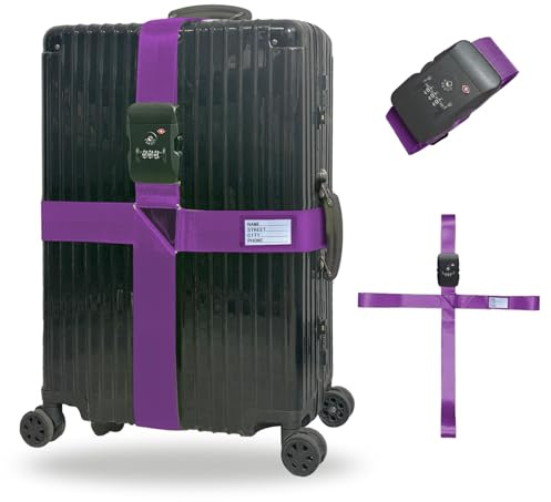 Luggage Straps TAS,Travel Strap with Name tag,Easy to Identify,Luggage Straps TSA Approved with Lock,Combination Luggage Lock with Adjustable Length,Compatible with 20-34 inch Luggage(Purple 1 Pack)
