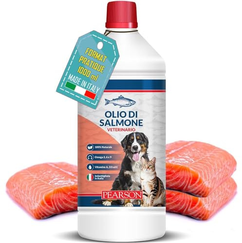 Aceite de salmón para perros, gatos y caballos 1 litro – [100% natural | Omega 3, 6, 9 + vitaminas A, D3, E | Uso veterinario] – Suplemento para pelo, piel y articulaciones – Embotellado en Italia