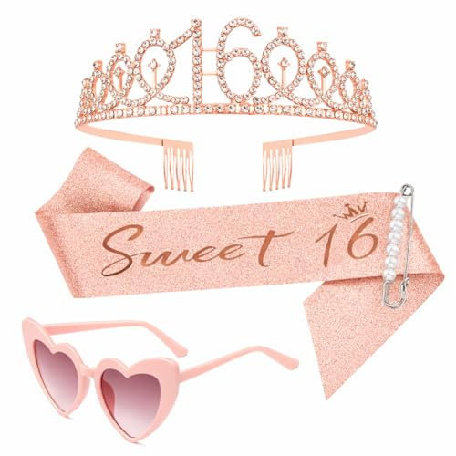 Decorazione per 16° compleanno, per ragazze, 16 fasce e tiara oro rosa, Contains A Pink Heart-Shaped Pair of Glasses, regalo corona per compleanno ragazza, decorazione regalo per ragazze di 16 anni