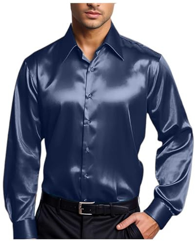 Camicie in raso lucido da uomo a maniche lunghe casual camicie con bottoni anni '70 costume da discoteca fit camicia in raso simile alla seta festa di lavoro a buon mercato, Blu marino, M