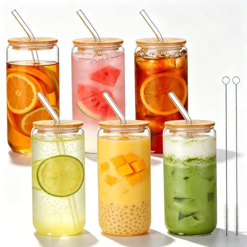 Zencantorous 6 Pezzi Bicchieri di Vetro con Coperchi e Cannucce, 500 ml Bicchiere con Cannuccia, Tazze in Vetro da Caffè Ghiacciata, Bicchiere da Birra a Forma di Lattina, Bicchieri da Cocktail