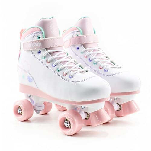 CREAM Scoop Kids Adjustable Quad Roller Skates for Beginners – 4-Size Grow-With-You Fit for Extended Use – Stable 4-Wheel Design for Improved Balance – Boys and Girls (Hearts - White/Pink)