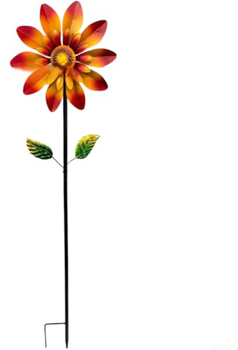 Minhe Mulino a vento in metallo, struttura in ferro, motivo crisantemo rotante, 114 x 27,5 cm, per decorazione giardino e prato, giallo (giallo)
