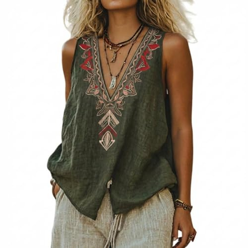 Débardeur Femme Coton Et Lin Col V sans Manches Top Été Brodé Chic Blouse Boheme Tunique Femmes Grande Taille Haut Habillé Vêtement Ample Décontracté Chemise De Plage Débardeurs Tee Shirt