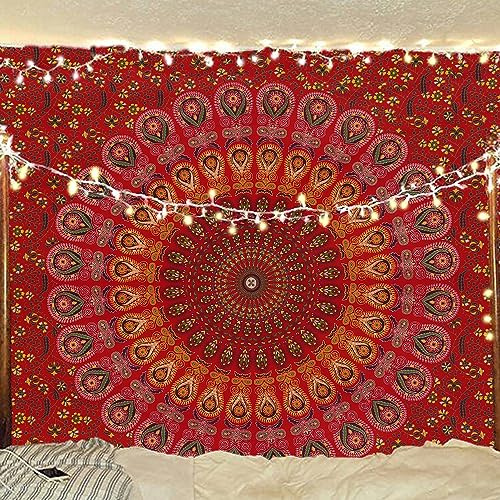 Bless International Indian hippie Bohemian Psychedelic Peacock Mandala Wall hanging Bedding Tapestry (Golden Red, 182.88L X 137.16W cm)