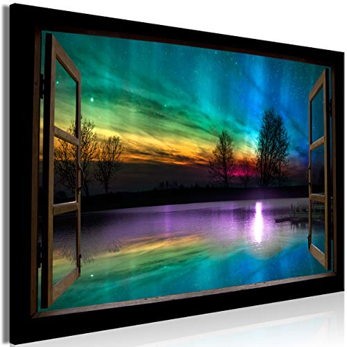 decomonkey Bilder Polarlicht Fensterblick 90x60 cm 1 Teilig Leinwandbilder Bild auf Leinwand Vlies Wandbild Kunstdruck Wanddeko Wand Wohnzimmer Wanddekoration Deko Fenster Natur
