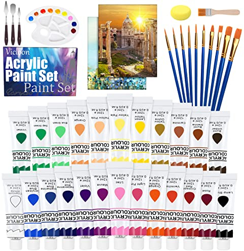 Vicloon Peinture Acrylique,41 Kit de Peinture Acrylique Comprenant 24 x 12 ML de Pigment + 11 pinceaux + 2 Planches à Dessin pour Les Artistes Débutants/Professionnels