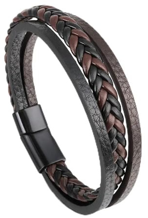 Branets Men's Leather bracelet in Brown, Cowhide Leather Genuine Women Unisex Cuff Wrap Bracelet Multi-Layer Magnetic Clasp Rope Wristband for Men and Women