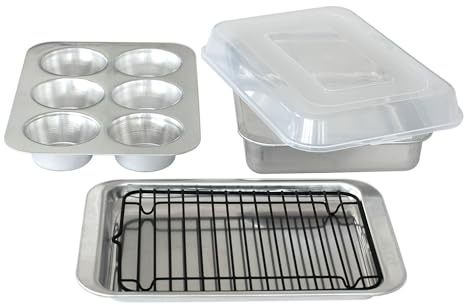 Nordic Ware Naturals 5 Piece Compact Pan Set, Toaster Oven, Counter Ovens, Air Fryer and Broiler Safe, Size for 1-2 Portions - Includes Rectangular Pan, Muffin Pan, Baking Sheet, Broiling Rack and Lid