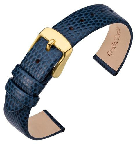 ANNEFIT Uhrenarmband 15mm Leder für Damen, Eidechsen-Prägung Ersatzarmband mit Edelstahl Gold Schnalle (Blau)