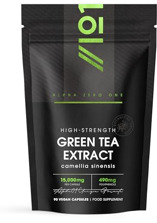 Green Tea Extract 15,000mg – 95% Polyphenols – 50% EGCG – 90 Vegan Capsules - Resealable and Recyclable Pouch by Alpha01