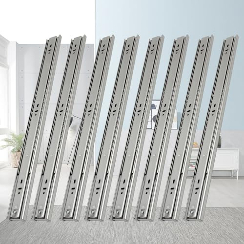 Fiqops Lot de 8 rails de tiroir, 500 mm, extension complète, 45 kg de charge, robustes, roulements à billes, fermeture douce, montage facile, 8 pièces