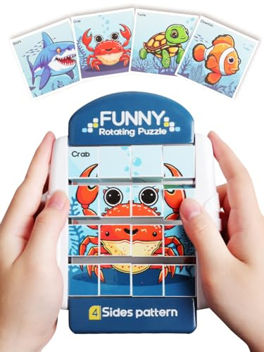 Fullware 16-Piece Rotating Puzzles for Kids 4-6, Toddlers Puzzles 2-4, Road Trip, Airplane Activities Game, Travel Toys - Brain Teaser, Fine Motor Skills - Birthday Gifts Boys & Girls - Marine Life
