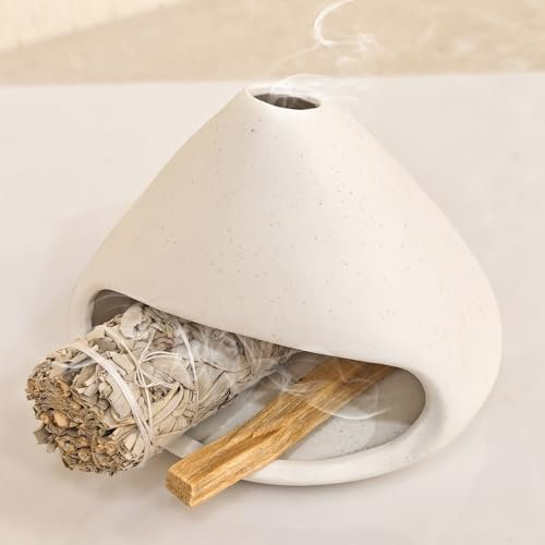 Yawlsow Palo Santo Räucherstäbchenhalter, Holzkohle-Bakhoor-Räuchergefäß, Smudge-Schüssel, Salbeihalter, Aschefänger für Meditation, Zen-Dekoration (Weiß)