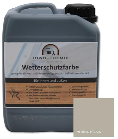 JOWO-CHEMIE Wetterschutzfarbe (5kg) Holzfarbe Zaunfarbe Gartenfarbe auf Hölzer aller Art große Farbauswahl Acryl-Farbe (Kieselgrau)