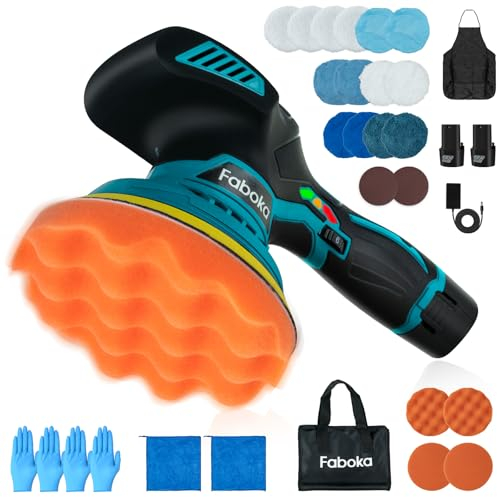 FABOKA Poliermaschine Auto Akku, 12V Exzenter Poliermaschine mit 25PCS Aufsätze und 2PCS 2.0Ah Batterie, Akku Wachsmaschine 6 Variable Geschwindigkeit 5500RPM