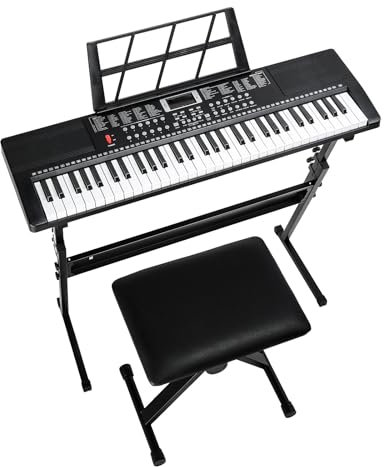 LEADZM Clavier Piano 61 Touches, Piano Numérique avec Support de Clavier, Banc de Piano, Pupitre, Casque, Microphone, Écran LED, 3 Modes D'apprentissage pour Débutants (Noir)