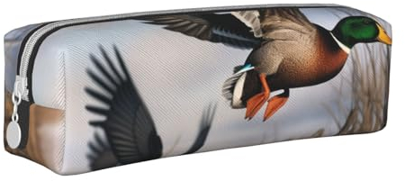 ULKMFFCF Federmäppchen aus Leder mit Jagd-Motiv fliegende Wildenten – niedliche Reißverschlusstasche für Schule, Büro, Reisen und Make-up, weiß, Einheitsgröße, Schulranzen